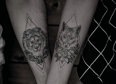 几何狮子狐狸情侣纹身图案
